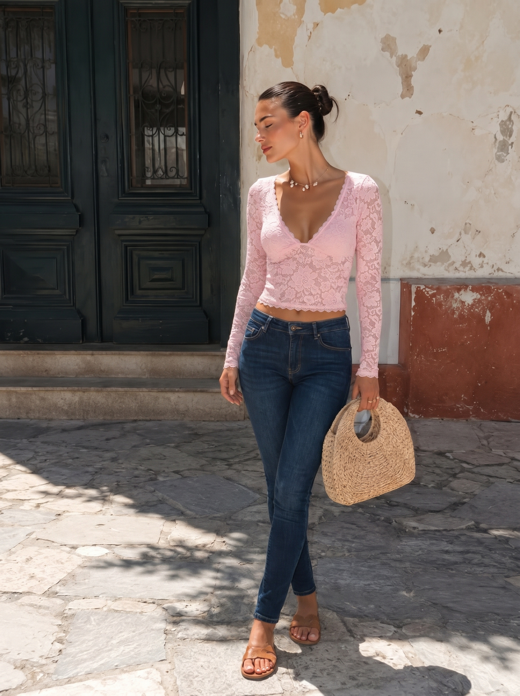 Chemisier rose en dentelle transparente