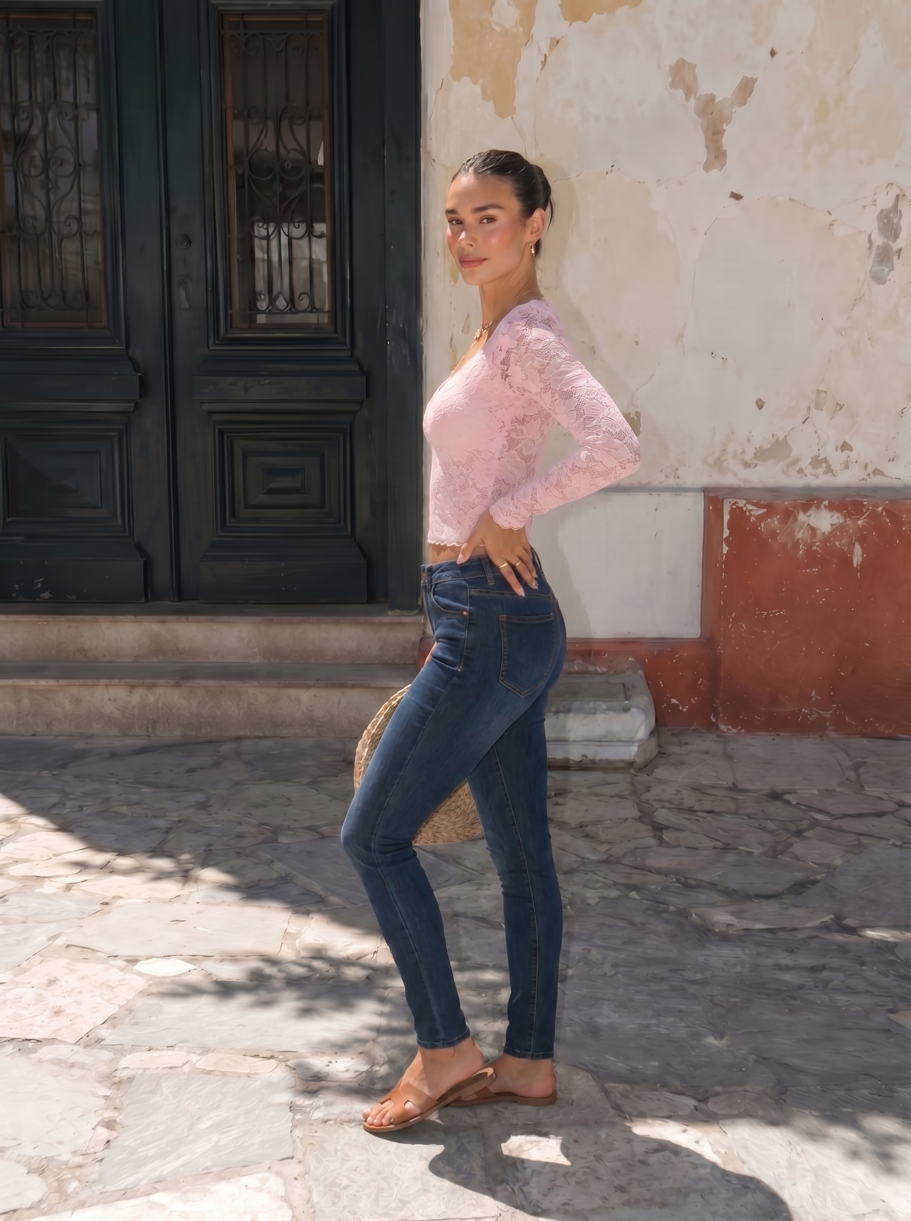 Chemisier rose en dentelle transparente